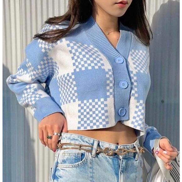SALE Cider Check Cropped Short Cardigan Sweater Plaid Prep Size Medium - Picture 1 of 6